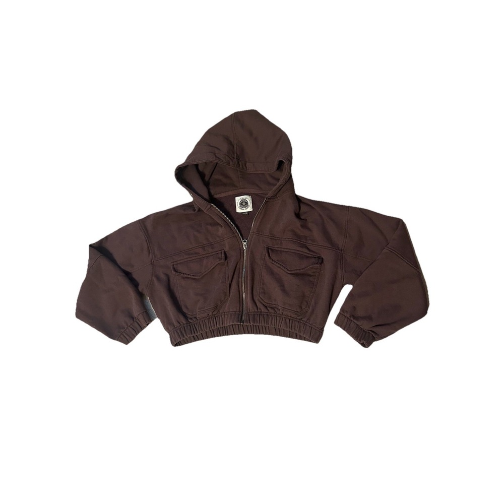 Women's Large Ashley Vintage Charm Brown Crop Top Long Sleeve Zip Up